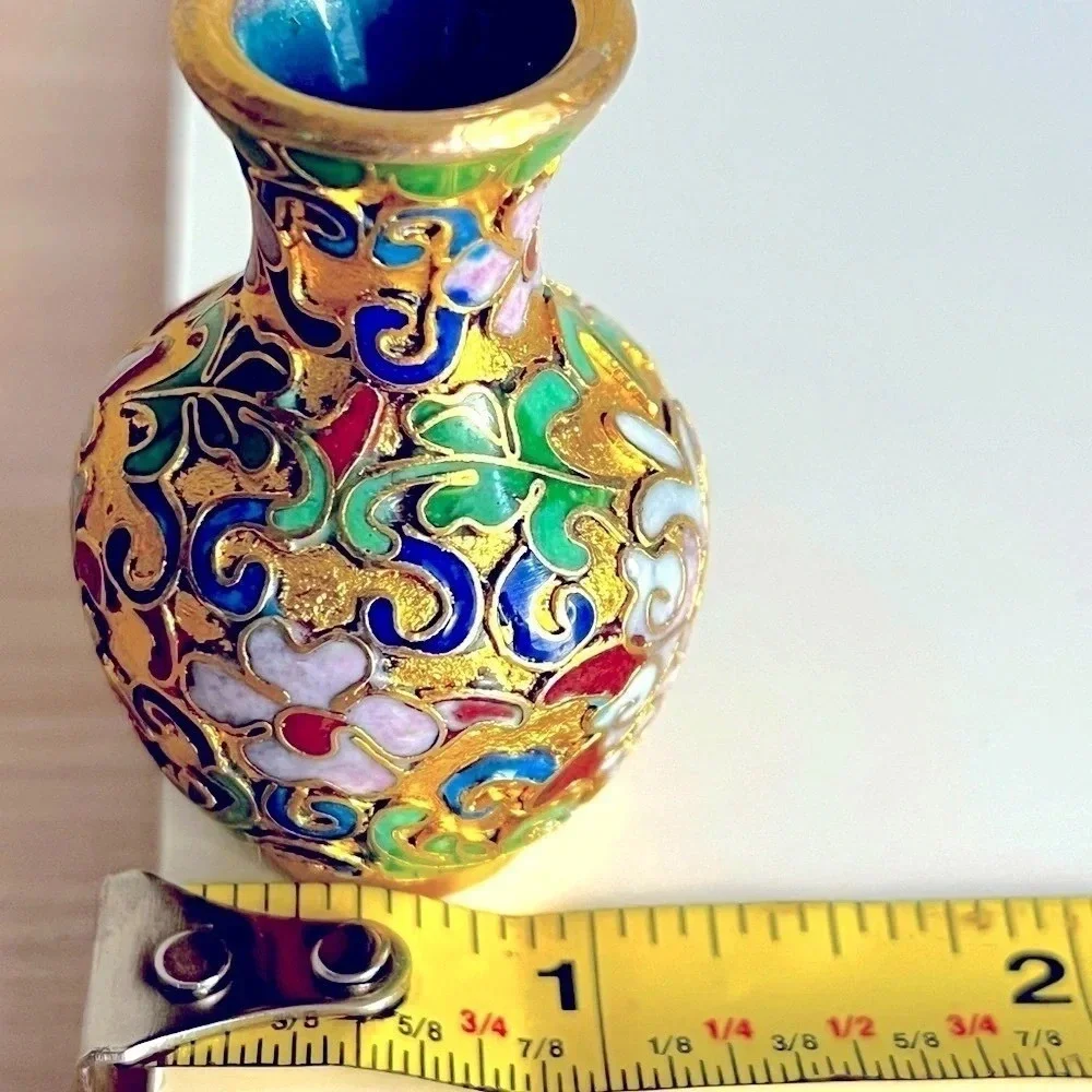 Vintage Cloisonne Style Mini Vases Bases Gold Tone Floral Decorative Collectible - Picture 10 of 11